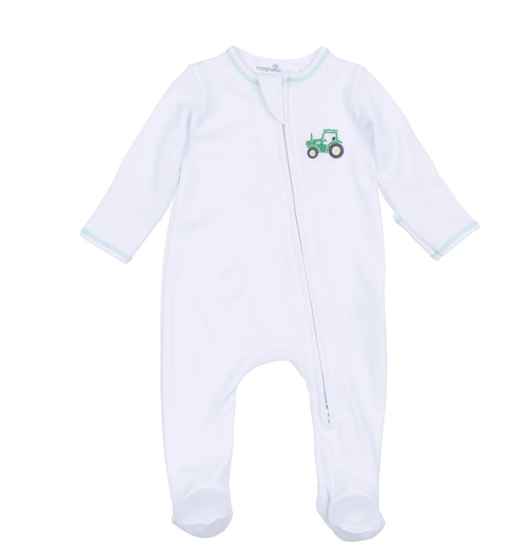 Magnolia Baby Lil' Green Tractor embroidered Zip Footie