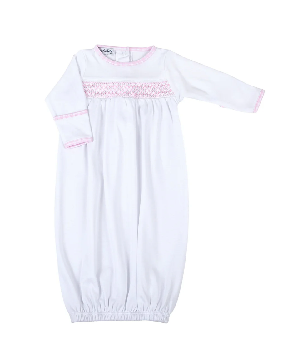 New Beginnings Smocked Gathered Gown Pink