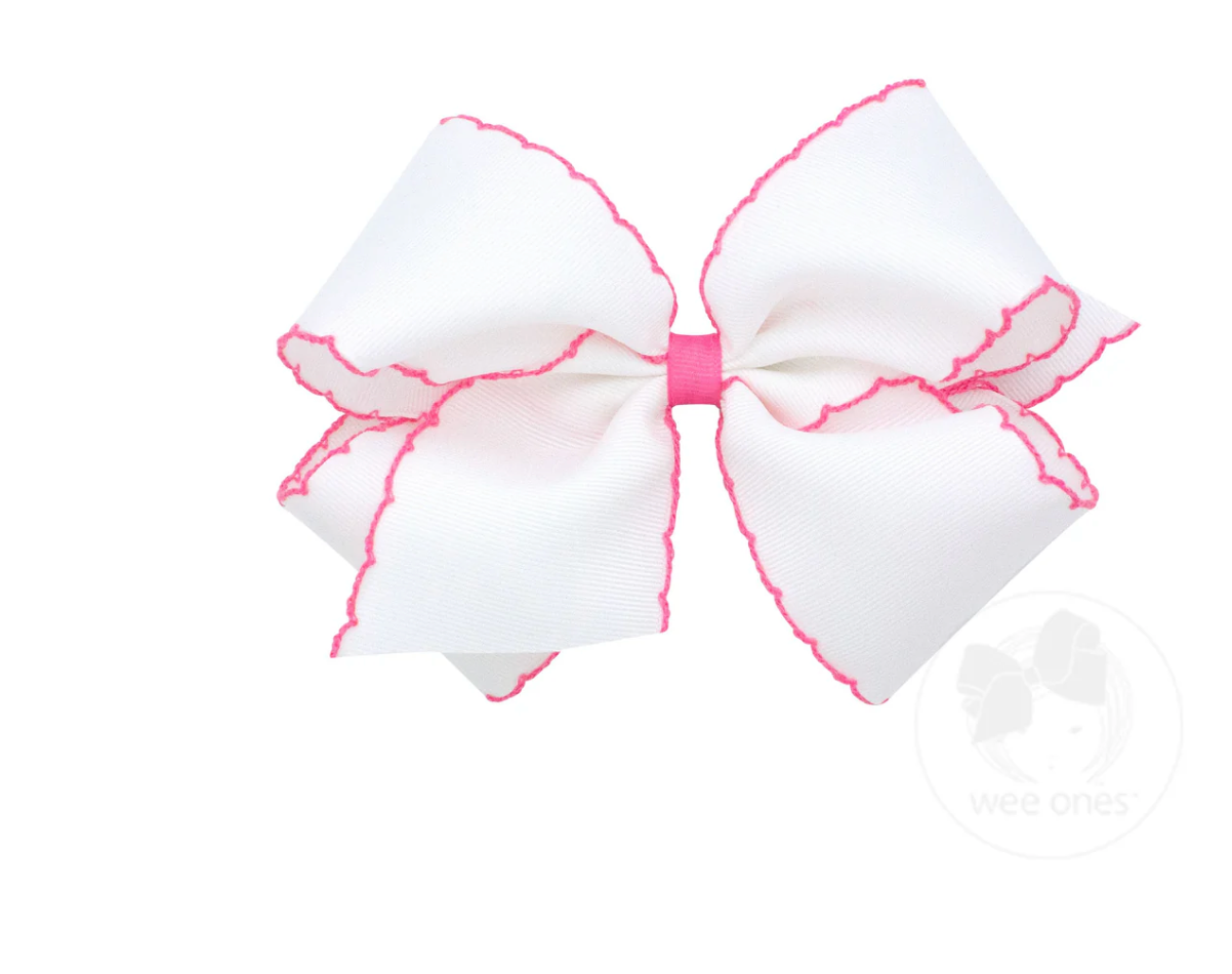 Medium White and Hot Pink Moon Stitch Bow