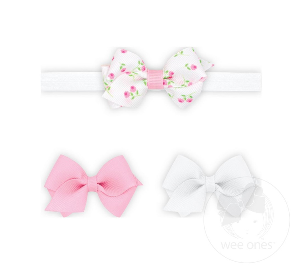 GIFT PACK! One Wee Rose-patterned Printed and Two Solid Wee Grosgrain Hair Bows and One Add-A-Bow Band
