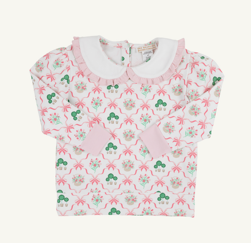 Maudes Ruffle Cassidy Comfy Crew Neck-Boxwoods and Bows/Worth Ave White/Palm Beach Pink