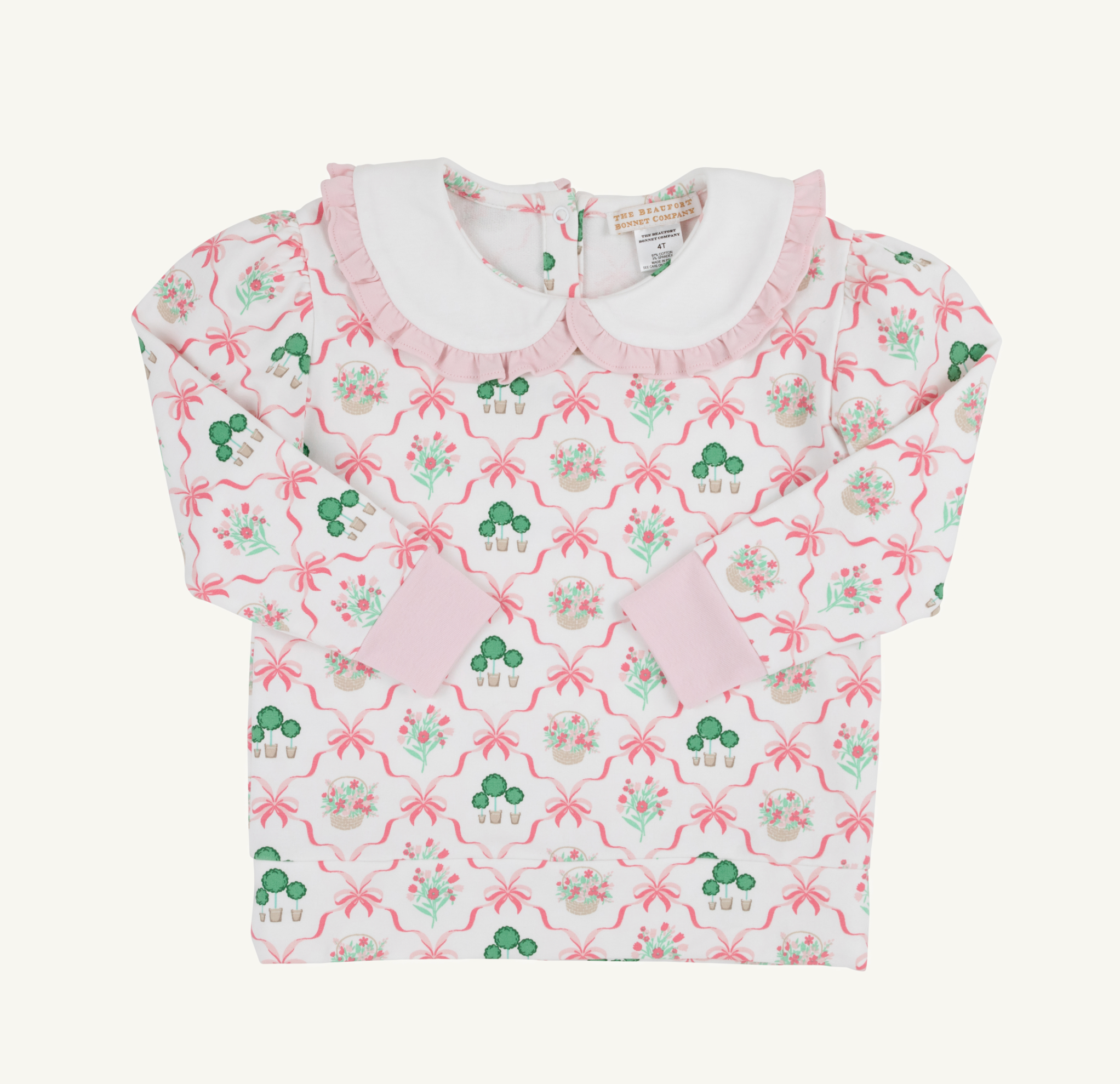 Maudes Ruffle Cassidy Comfy Crew Neck-Boxwoods and Bows/Worth Ave White/Palm Beach Pink