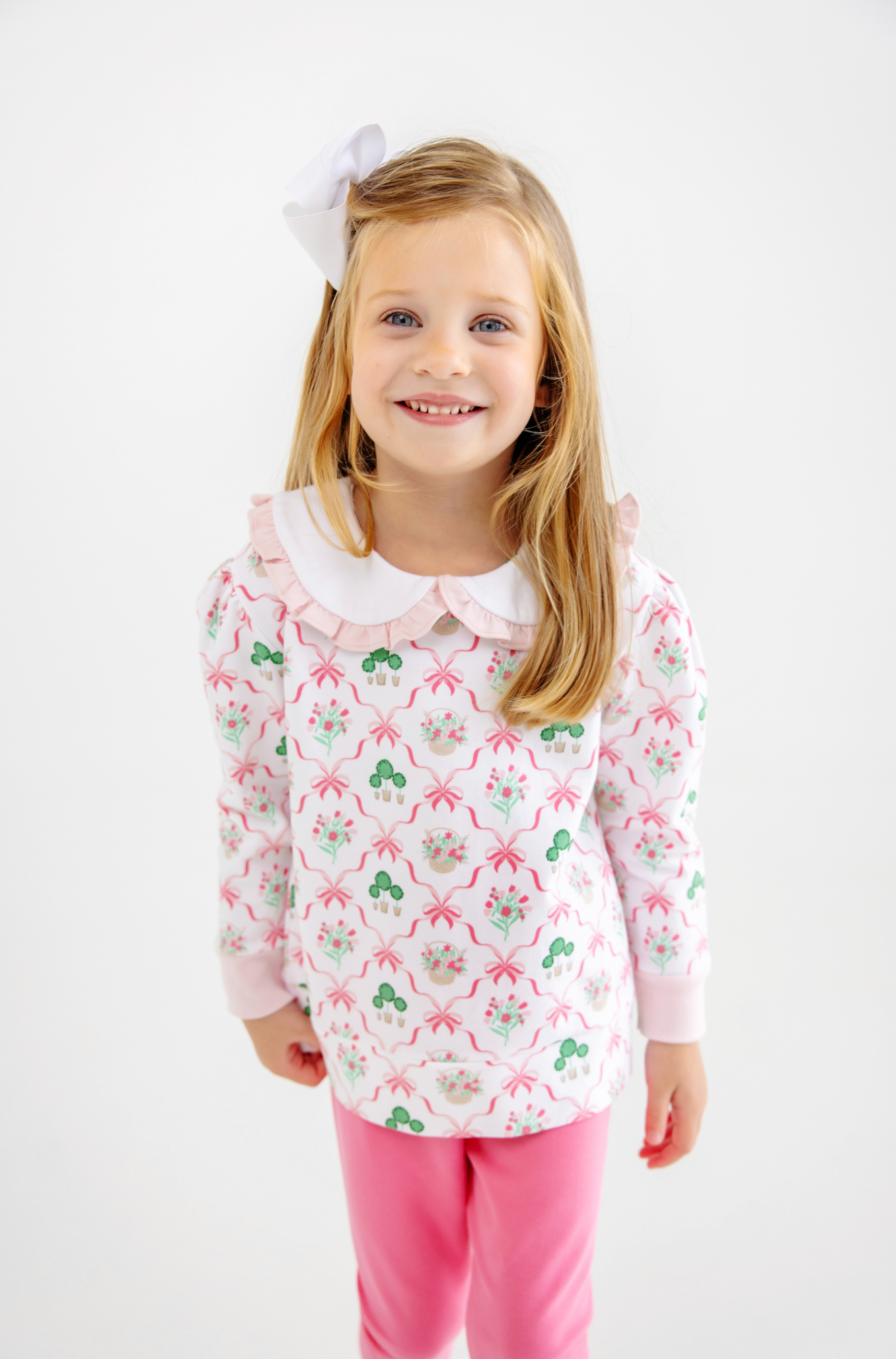 Maudes Ruffle Cassidy Comfy Crew Neck-Boxwoods and Bows/Worth Ave White/Palm Beach Pink
