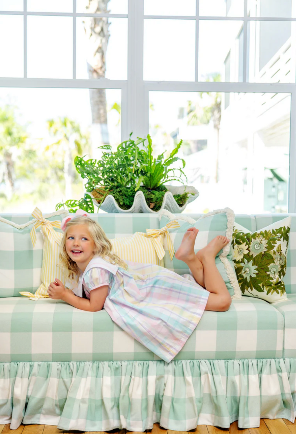 Stewart's Square Collar Dress-Brunch Plate Plaid with Palm Beach Pink