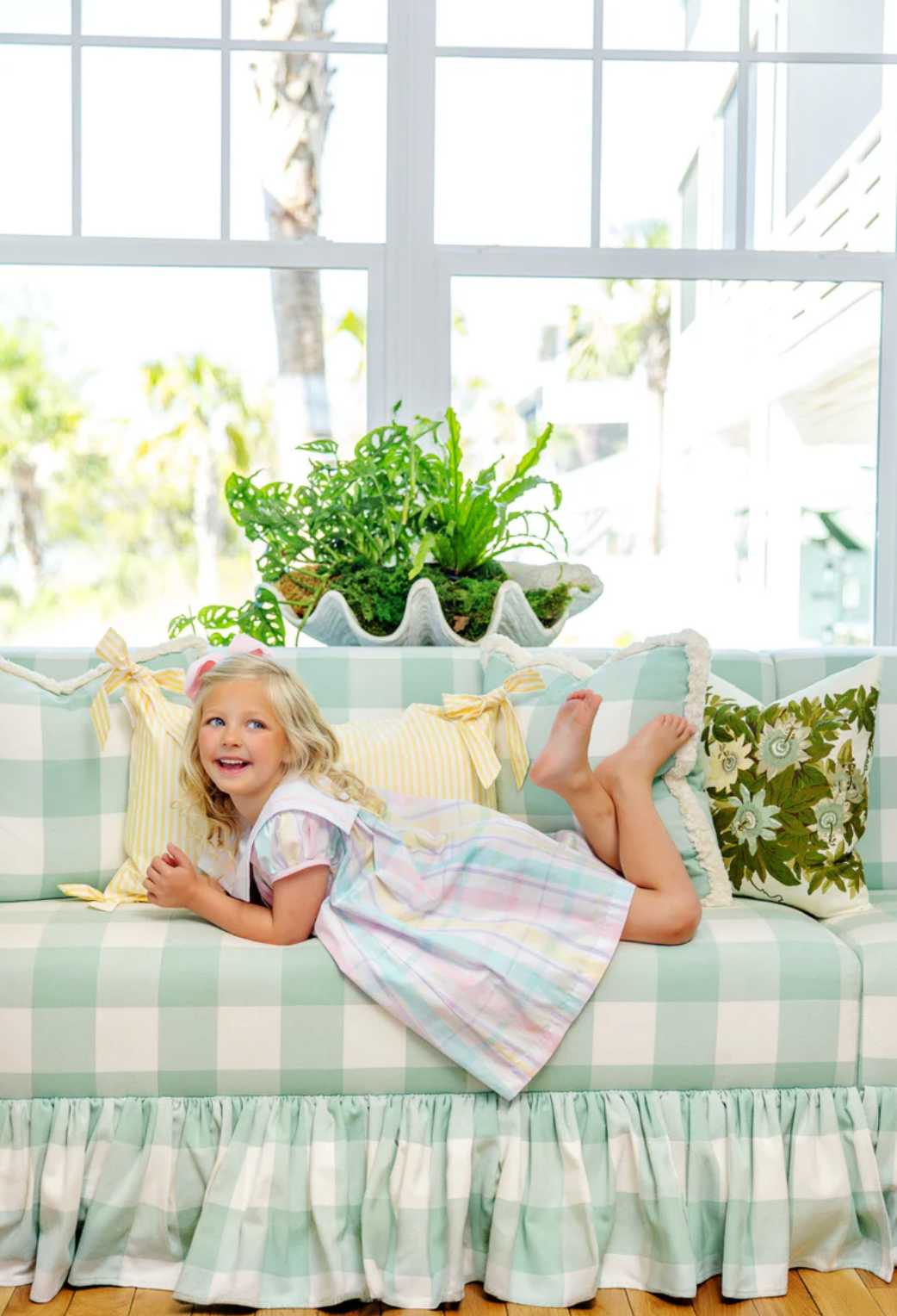 Stewart's Square Collar Dress-Brunch Plate Plaid with Palm Beach Pink