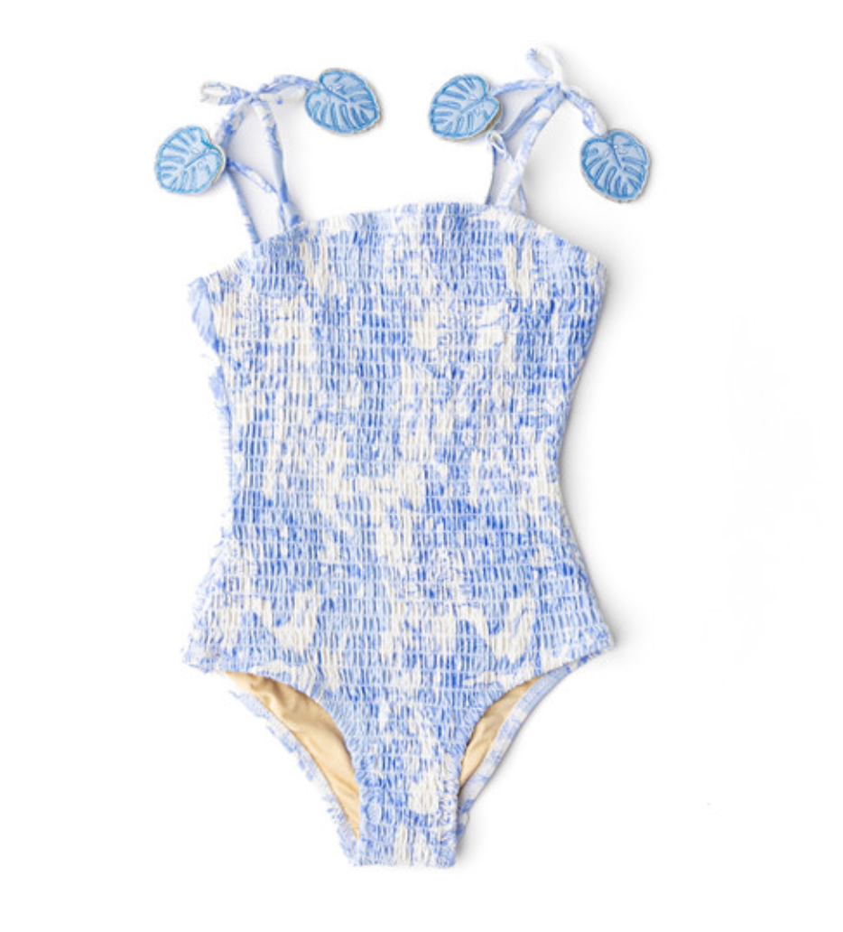 Tropical Blues Girls Smocked One Piece Swimsuit
