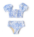 Tropical Blues Smocked Puff Sleeve Two Piece Swimsuit