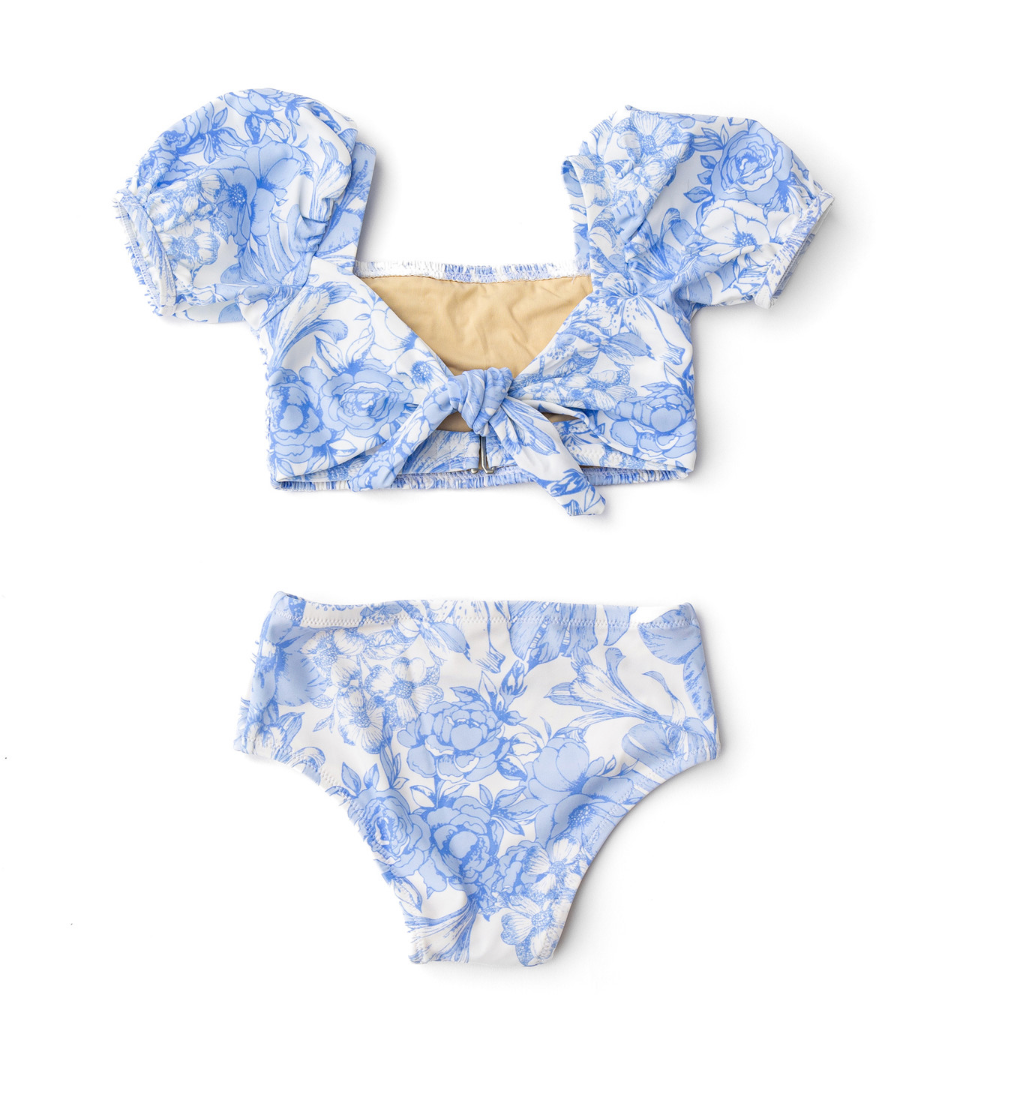 Tropical Blues Smocked Puff Sleeve Two Piece Swimsuit