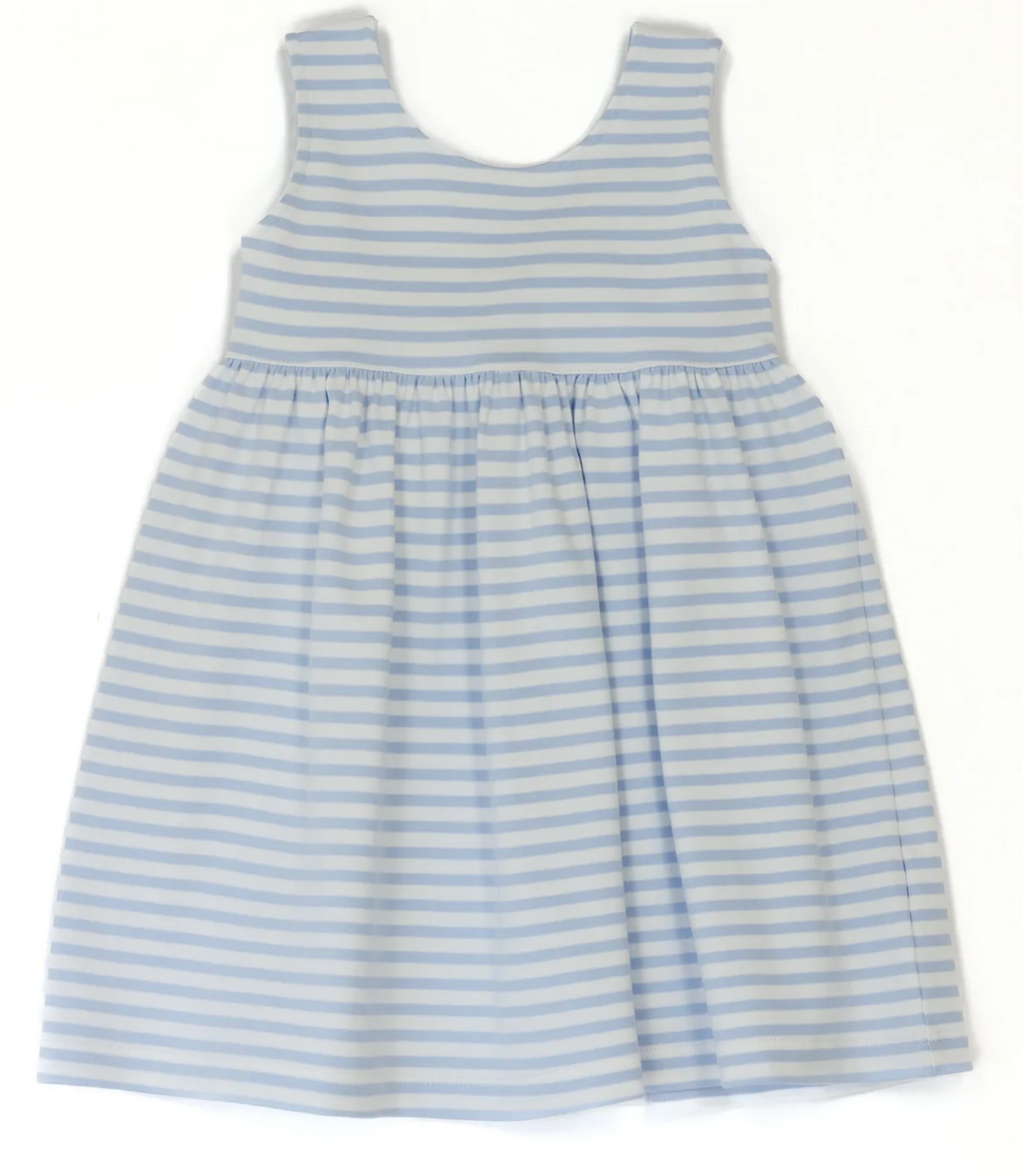 Sleeveless Blue and White Striped Dress with Blue Bow In back
