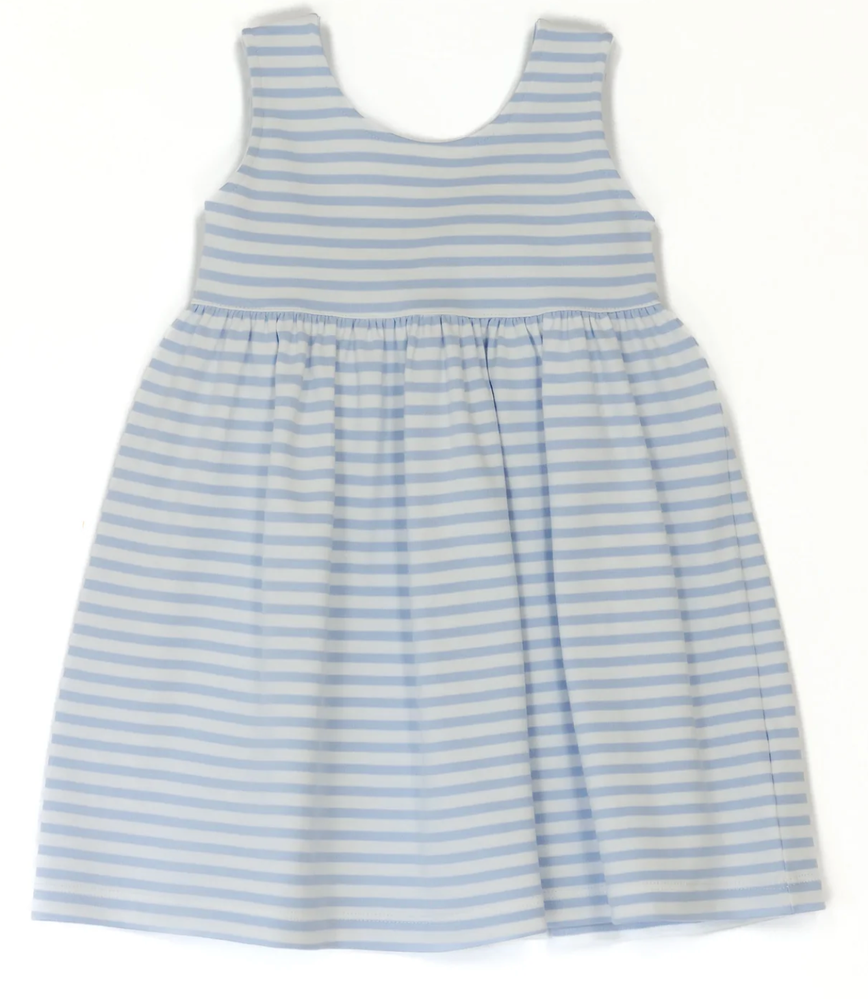 Sleeveless Blue and White Striped Dress with Blue Bow In back
