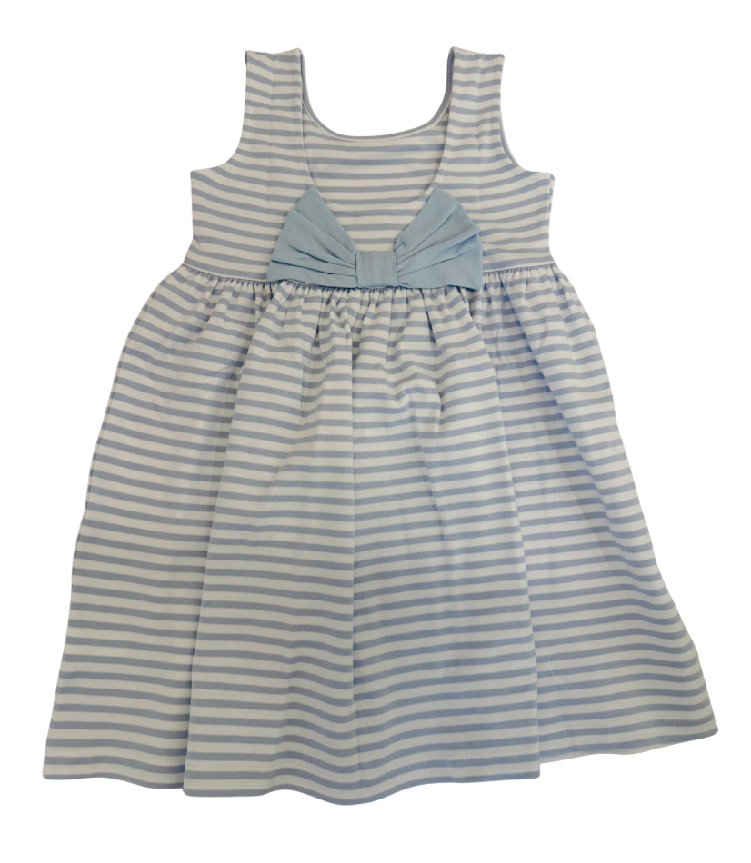 Sleeveless Blue and White Striped Dress with Blue Bow In back