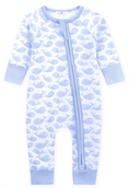 Azure Whales Print Zip Footie- Light Blue