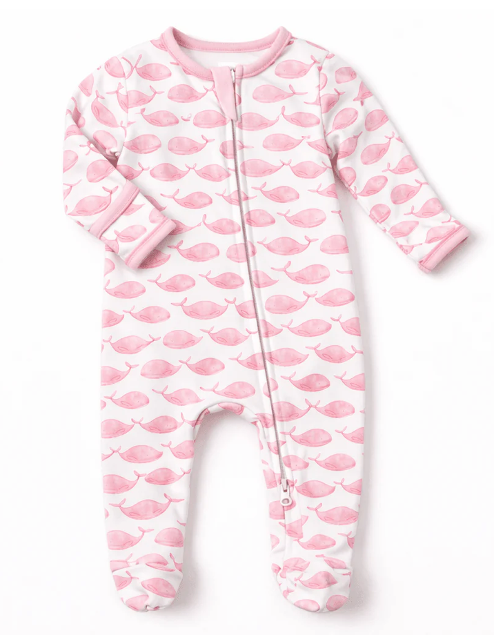 Azure Whales Print Zip Footie- Pink