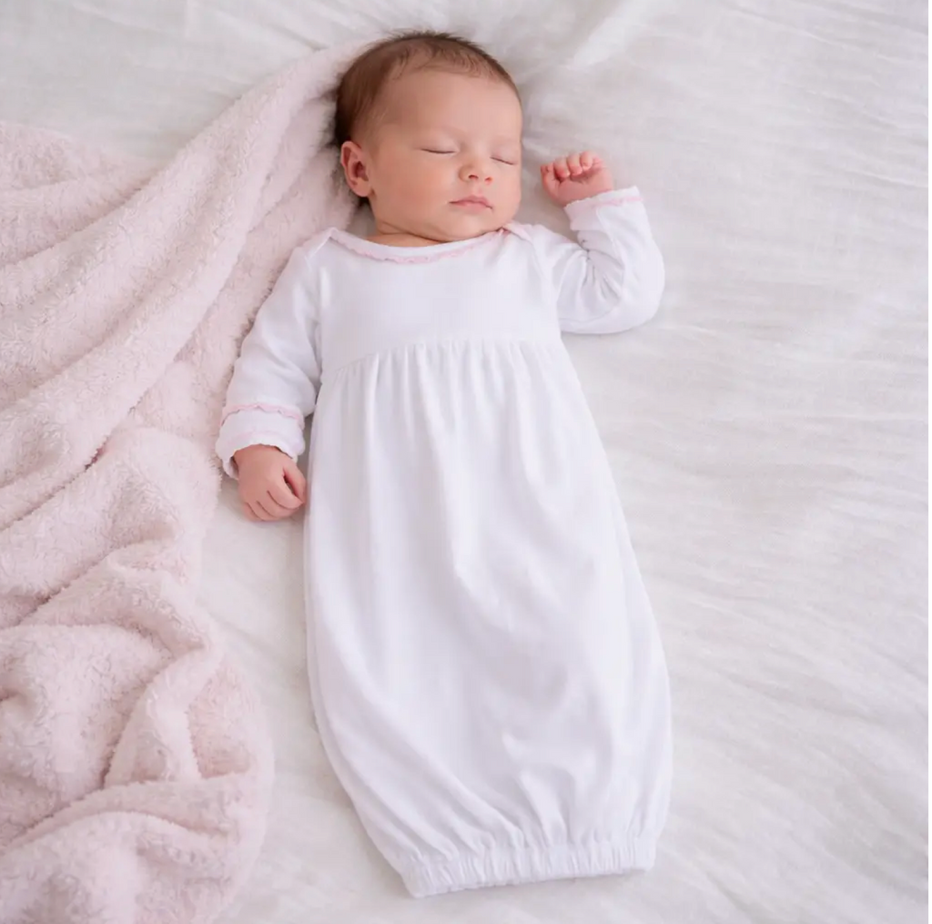 Baby Joy Crochet Trim Gathered Gown- Pink