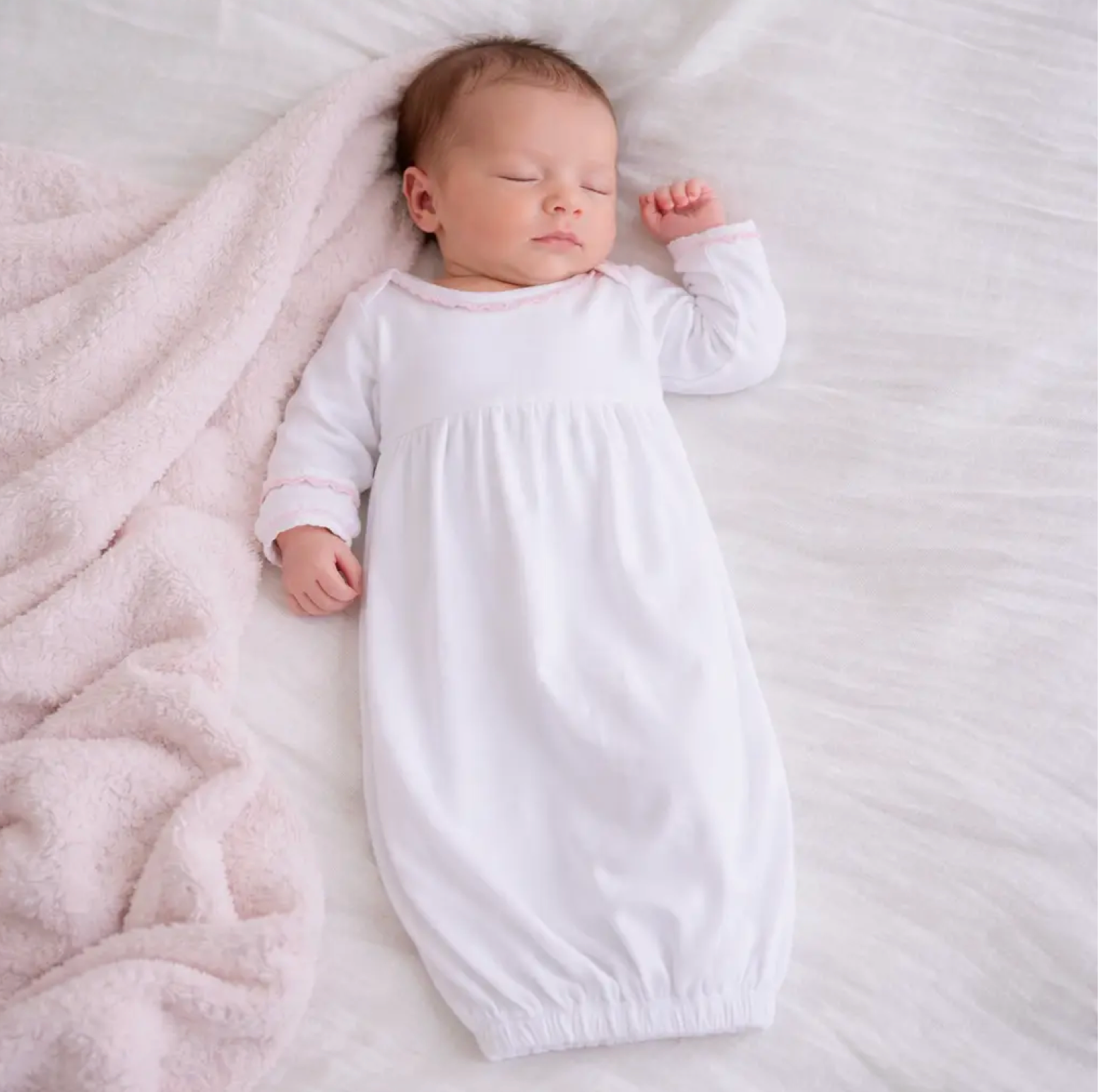 Baby Joy Crochet Trim Gathered Gown- Pink