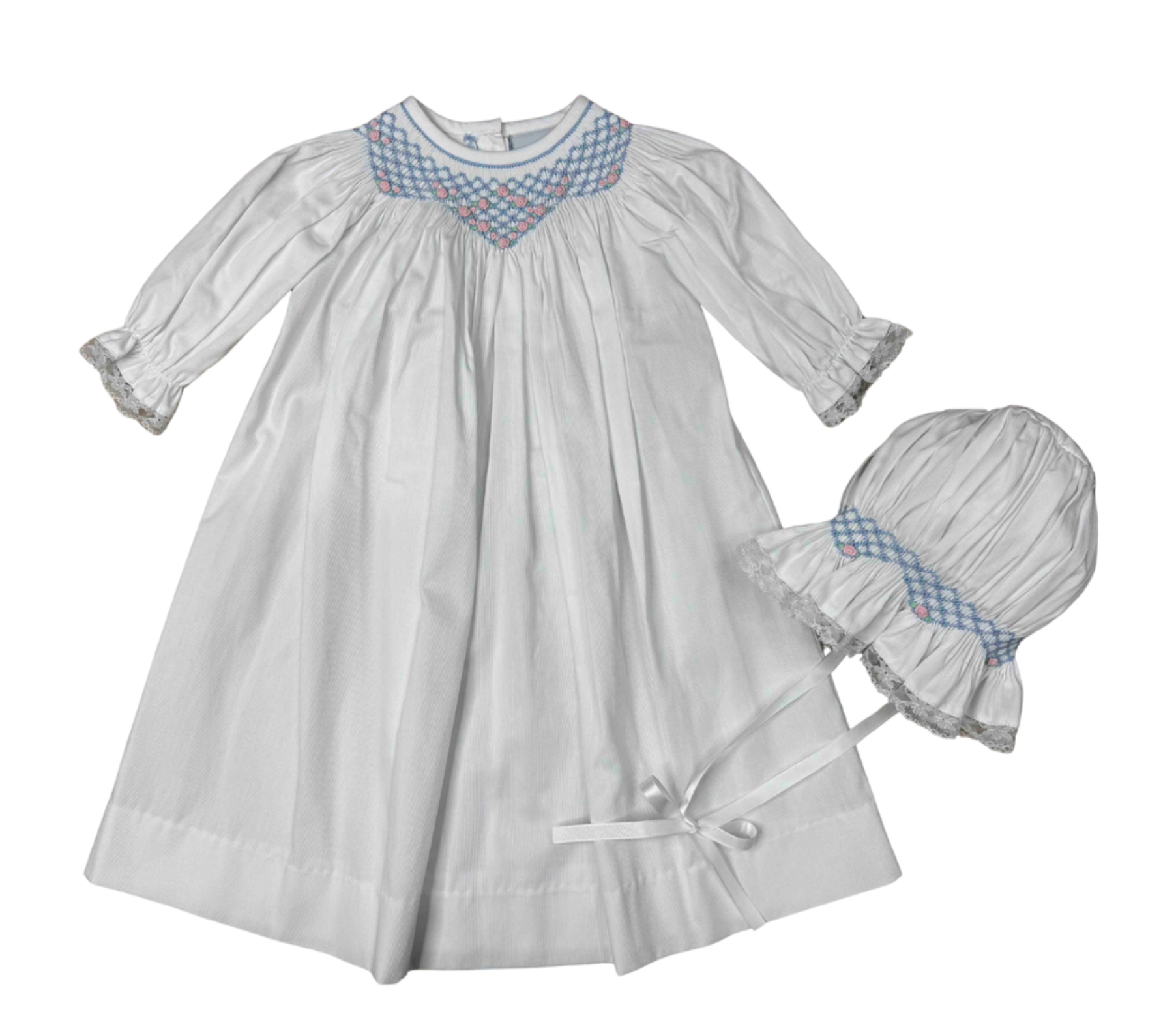 White Smocked Flower Diamond Bonnet